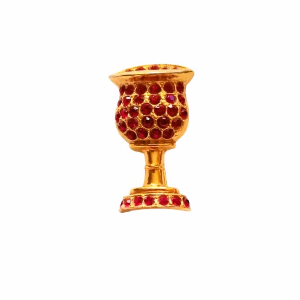 Vintage Ora Red Pave Goblet Brooch Gold Tone Cup Pin